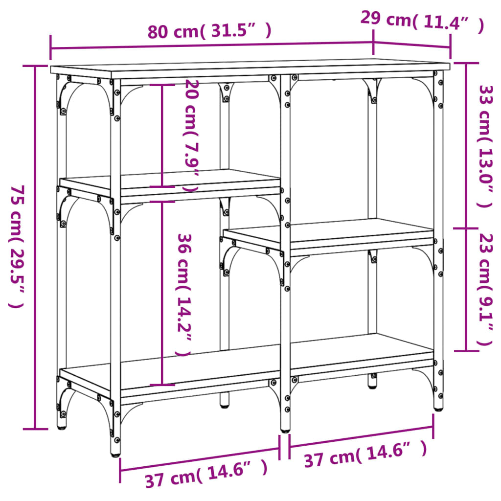 Mesa consola 80x29x75 cm derivados madeira carvalho castanho