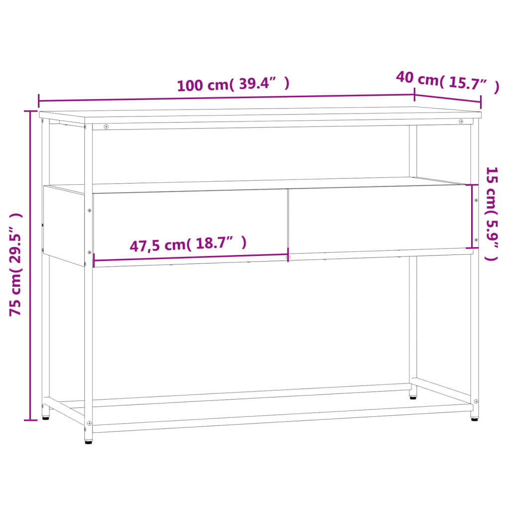 Mesa consola 100x40x75 cm derivados madeira carvalho castanho
