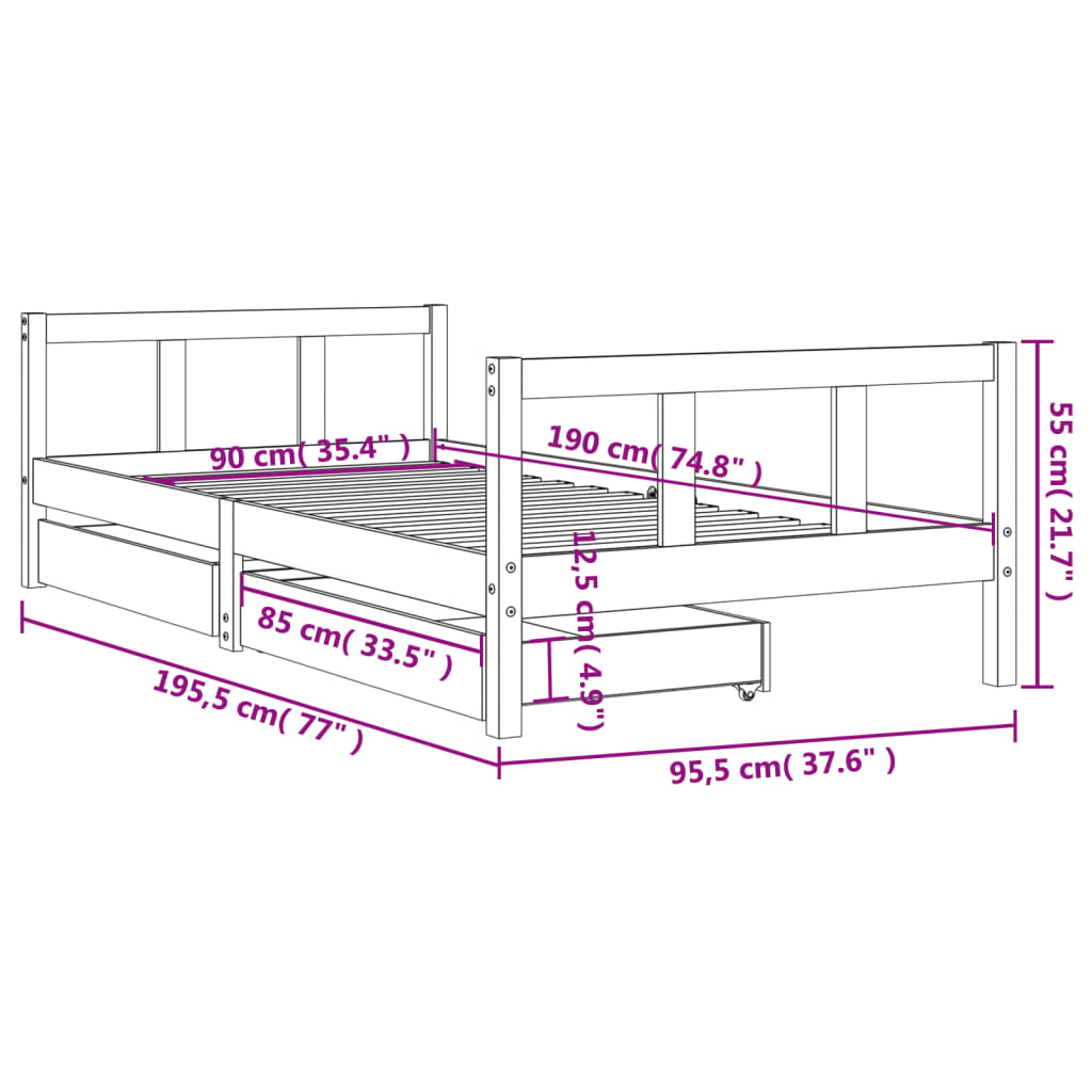 Estrutura de cama infantil c/ gavetas 90x190 cm pinho maciço
