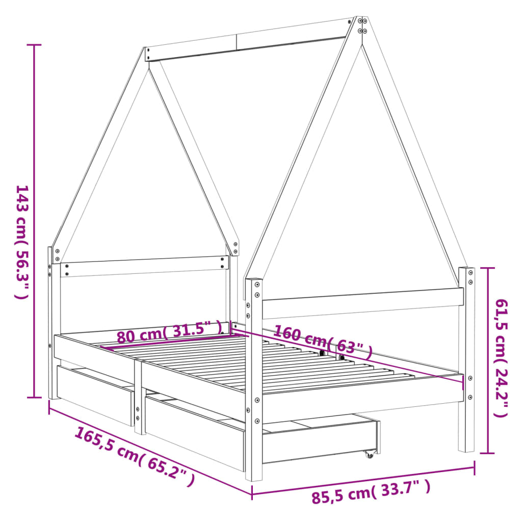 Estrutura de cama infantil c/ gavetas 80x160 cm pinho maciço