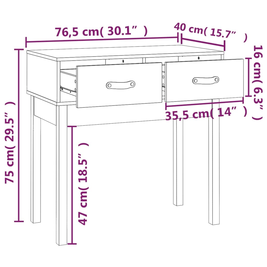 Mesa consola 76,5x40x75 cm pinho maciço branco