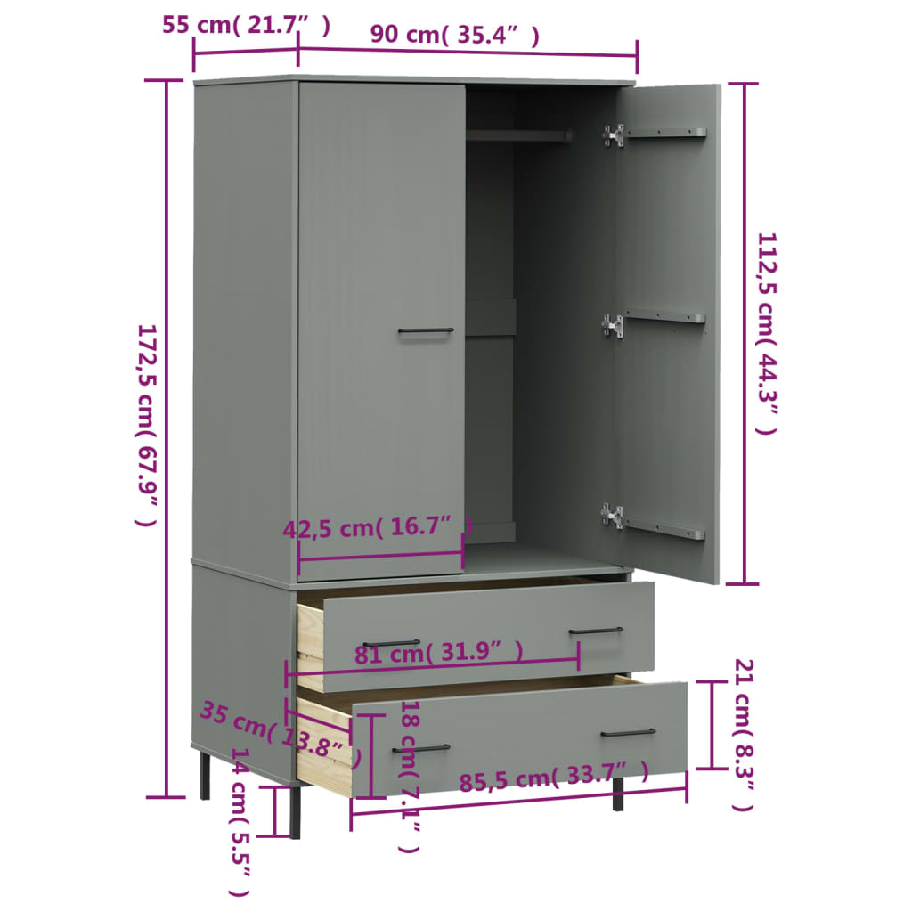 Roupeiro c/ pernas metal 90x55x172,5 cm madeira OSLO cinzento