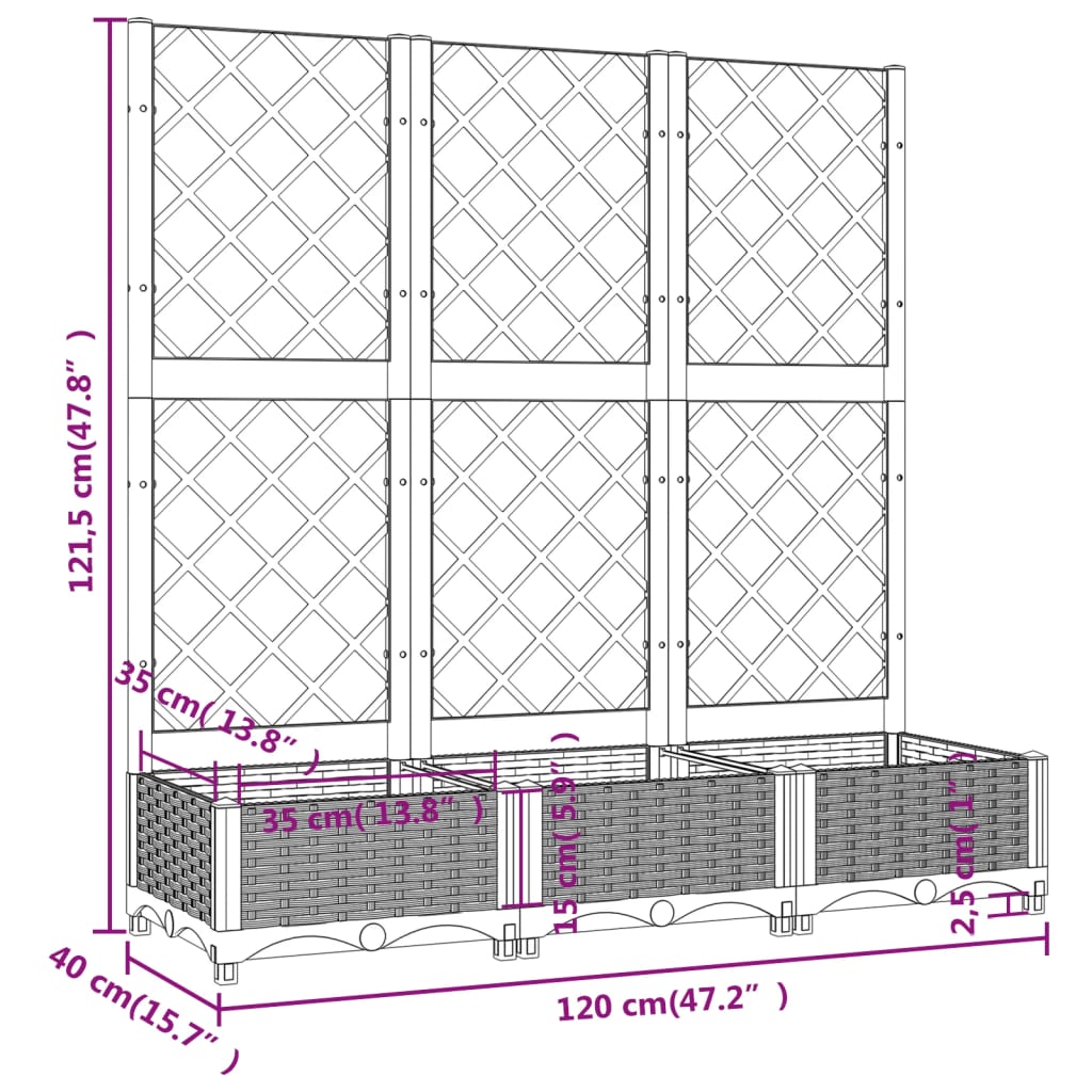 Vaso/floreira jardim c/ treliça 120x40x121,5 cm PP branco