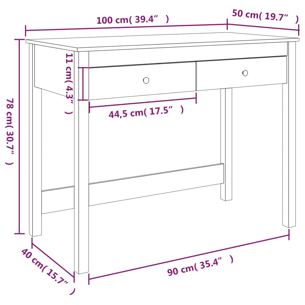 Secretária com 2 Gavetas - Branco - 100x50x78 cm - Pinho Maciço
