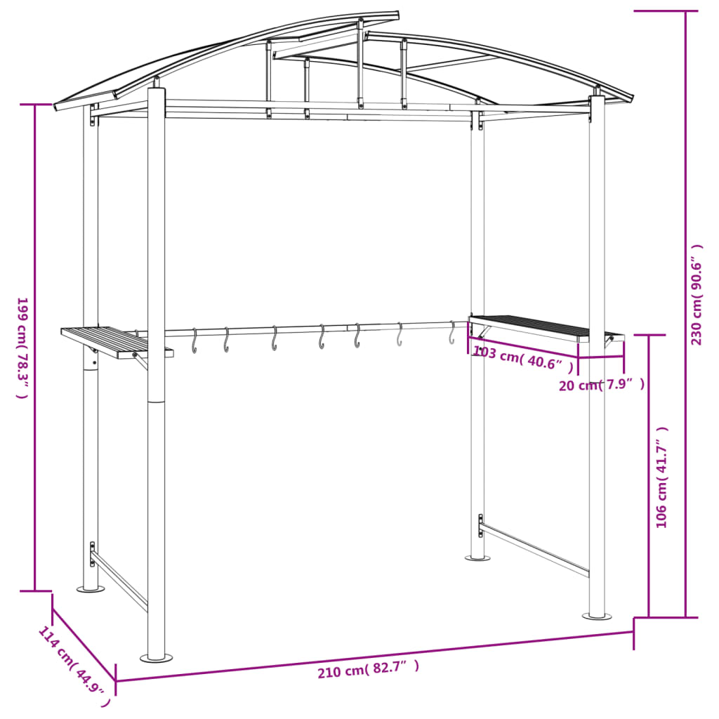 Gazebo churrasco prateleiras laterais 210x114x230 aço antracite