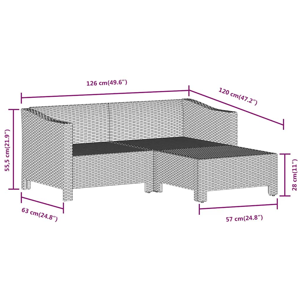 3 pcs conjunto lounge de jardim c/ almofadões vime PE cinzento