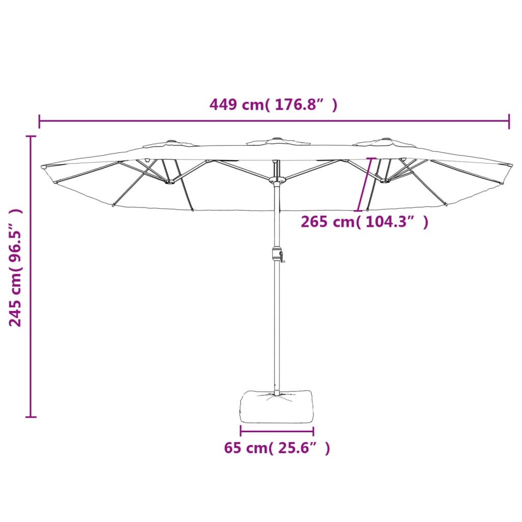 Guarda-sol de jardim c/ cabeça dupla/LED 449x265cm branco areia