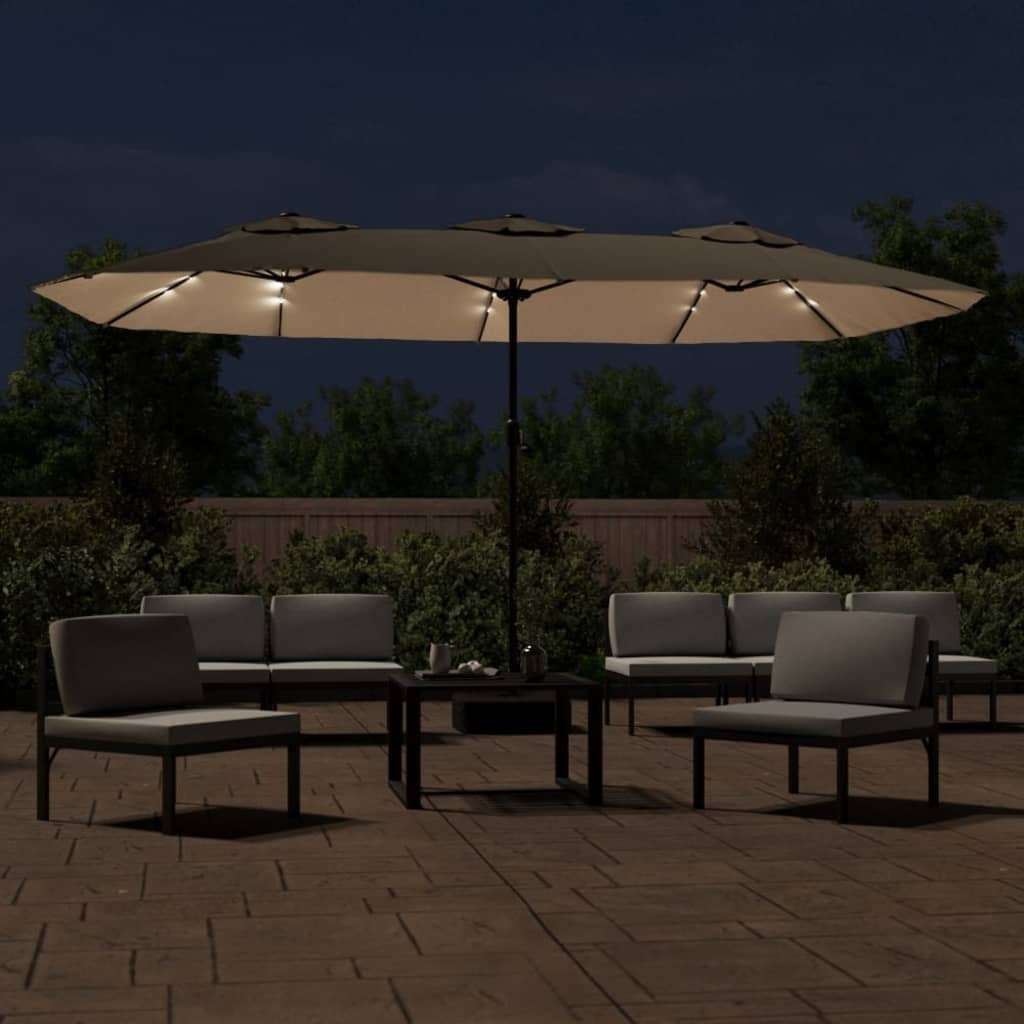 Guarda-sol de jardim cabeça dupla/LED 449x265cm cinza-acastanho