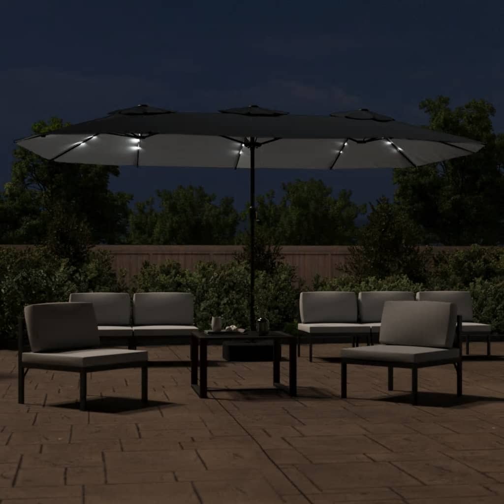 Guarda-sol de jardim c/ cabeça dupla/luzes LED 449x265 cm preto