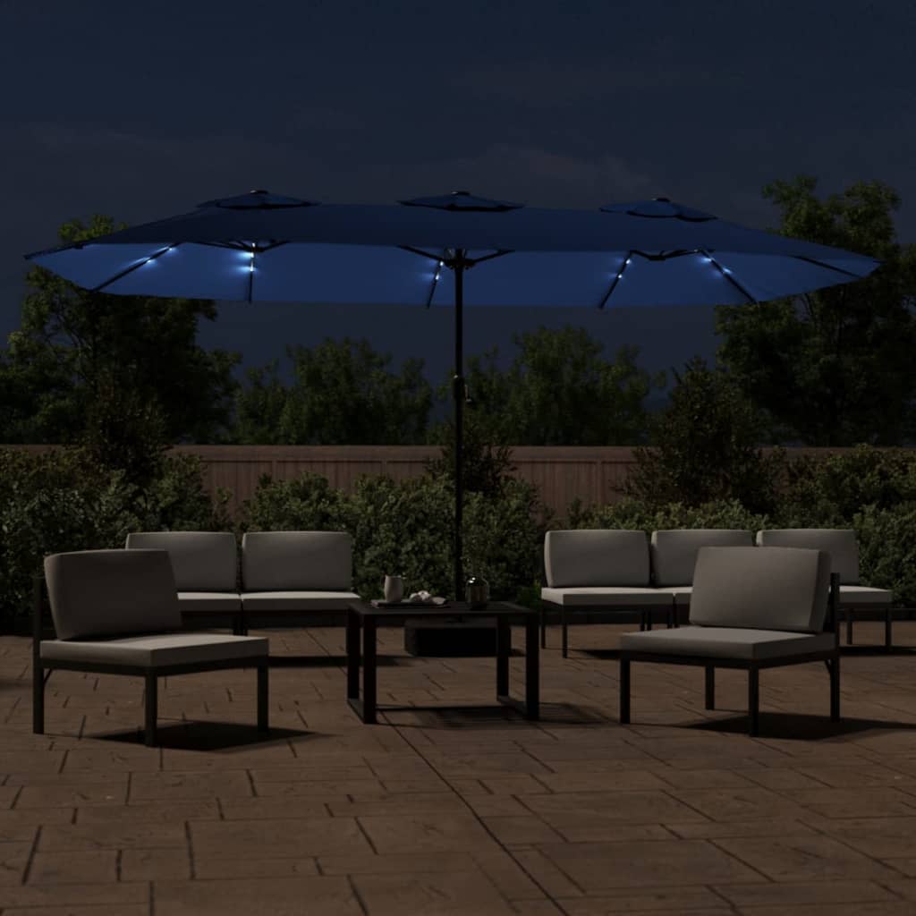 Guarda-sol com cabeça dupla e luzes LED 449x265 cm azul-ciano