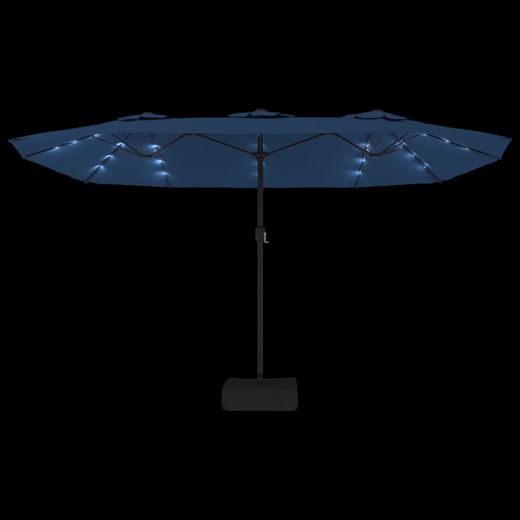 Guarda-sol com cabeça dupla e luzes LED 449x265 cm azul-ciano