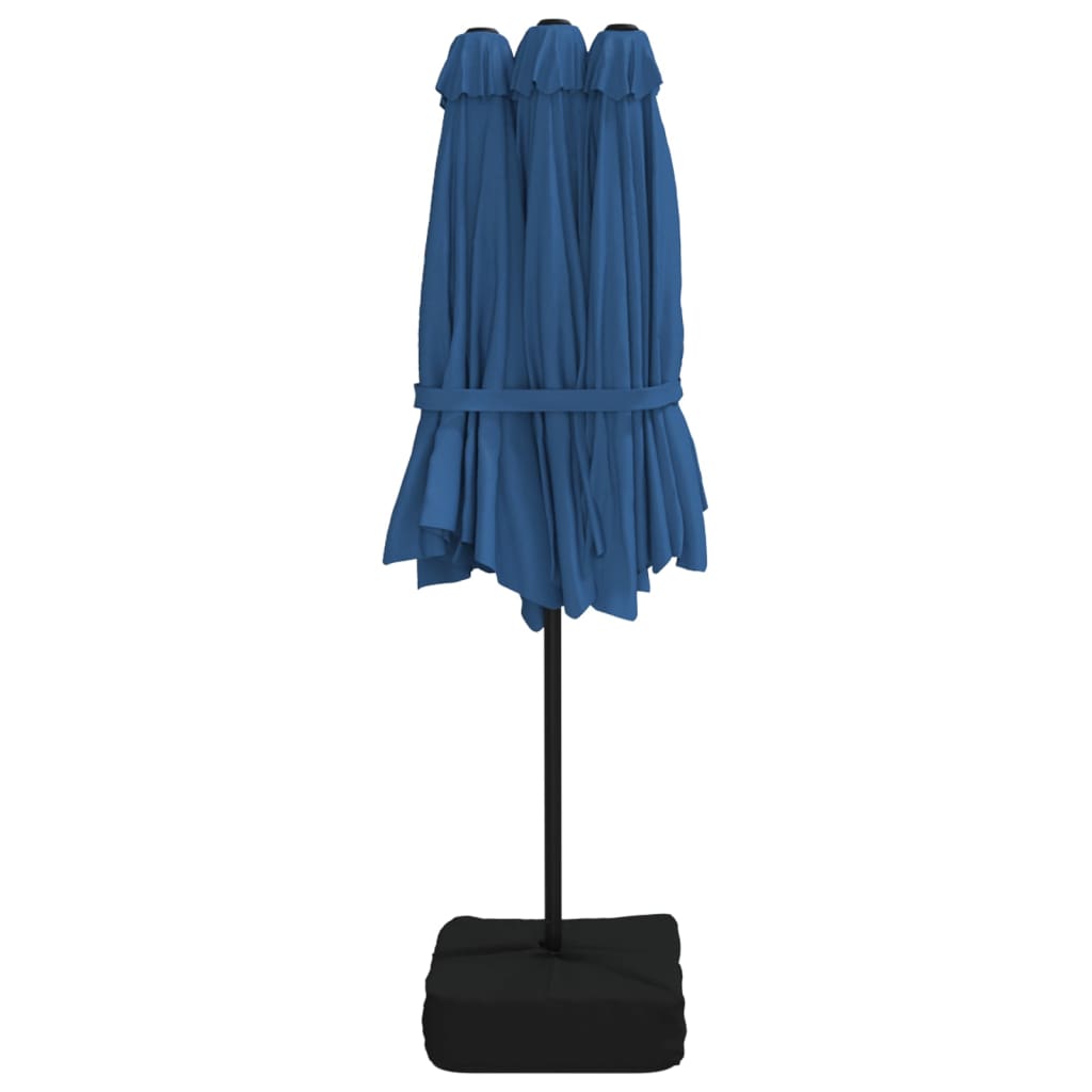 Guarda-sol com cabeça dupla e luzes LED 449x265 cm azul-ciano