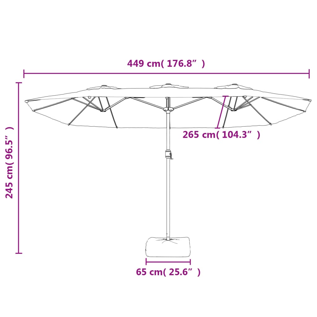 Guarda-sol com cabeça dupla e luzes LED 449x265 cm azul-ciano