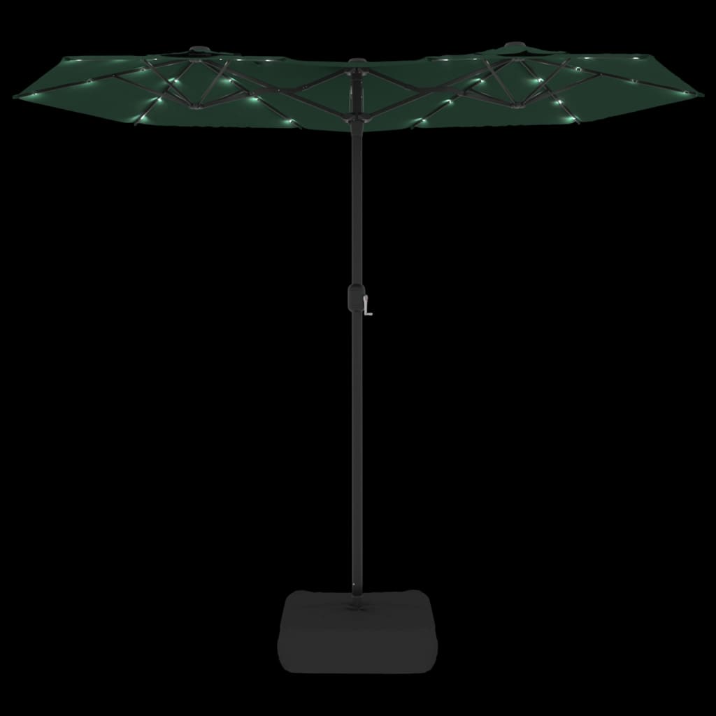 Guarda-sol de jardim c/ cabeça dupla/luzes LED 316x145 cm verde