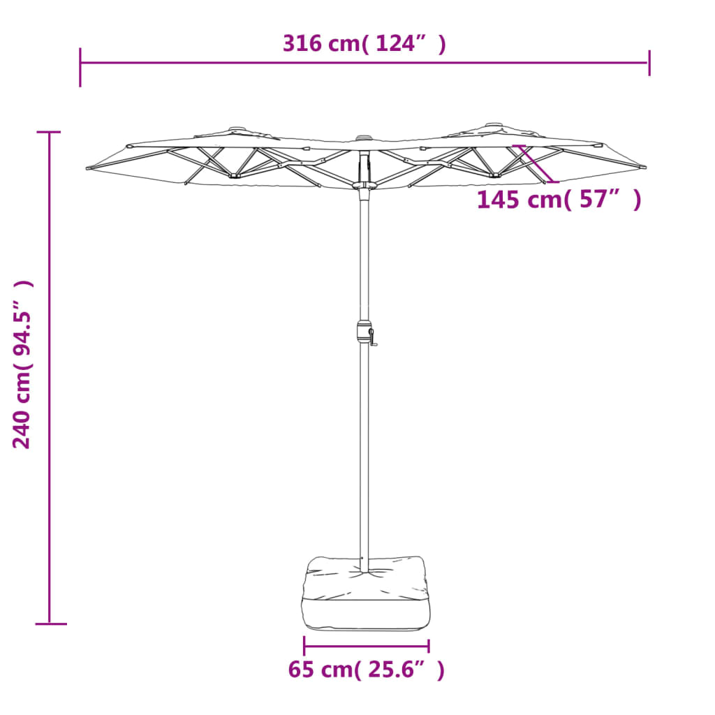 Guarda-sol de jardim c/ cabeça dupla/luzes LED 316x145 cm verde