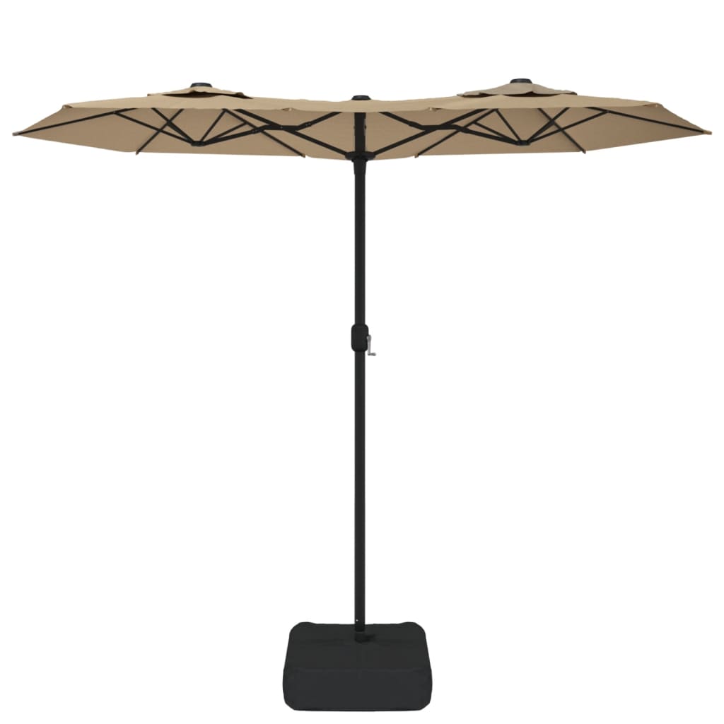 Guarda-sol jardim cabeça dupla/LED 316x145 cm cinza-acastanhado
