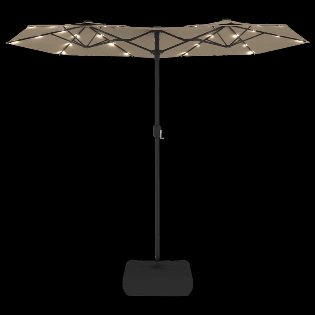 Guarda-sol jardim cabeça dupla/LED 316x145 cm cinza-acastanhado