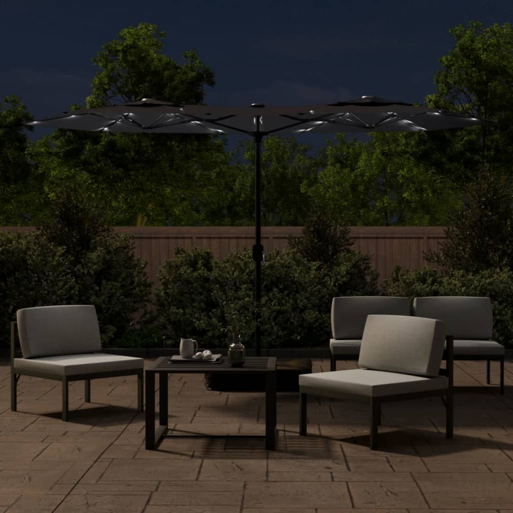 Guarda-sol de jardim c/ cabeça dupla/luzes LED 316x145 cm preto