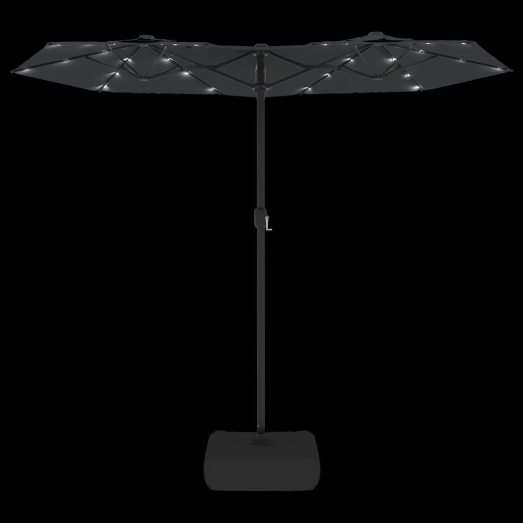 Guarda-sol de jardim c/ cabeça dupla/luzes LED 316x145 cm preto