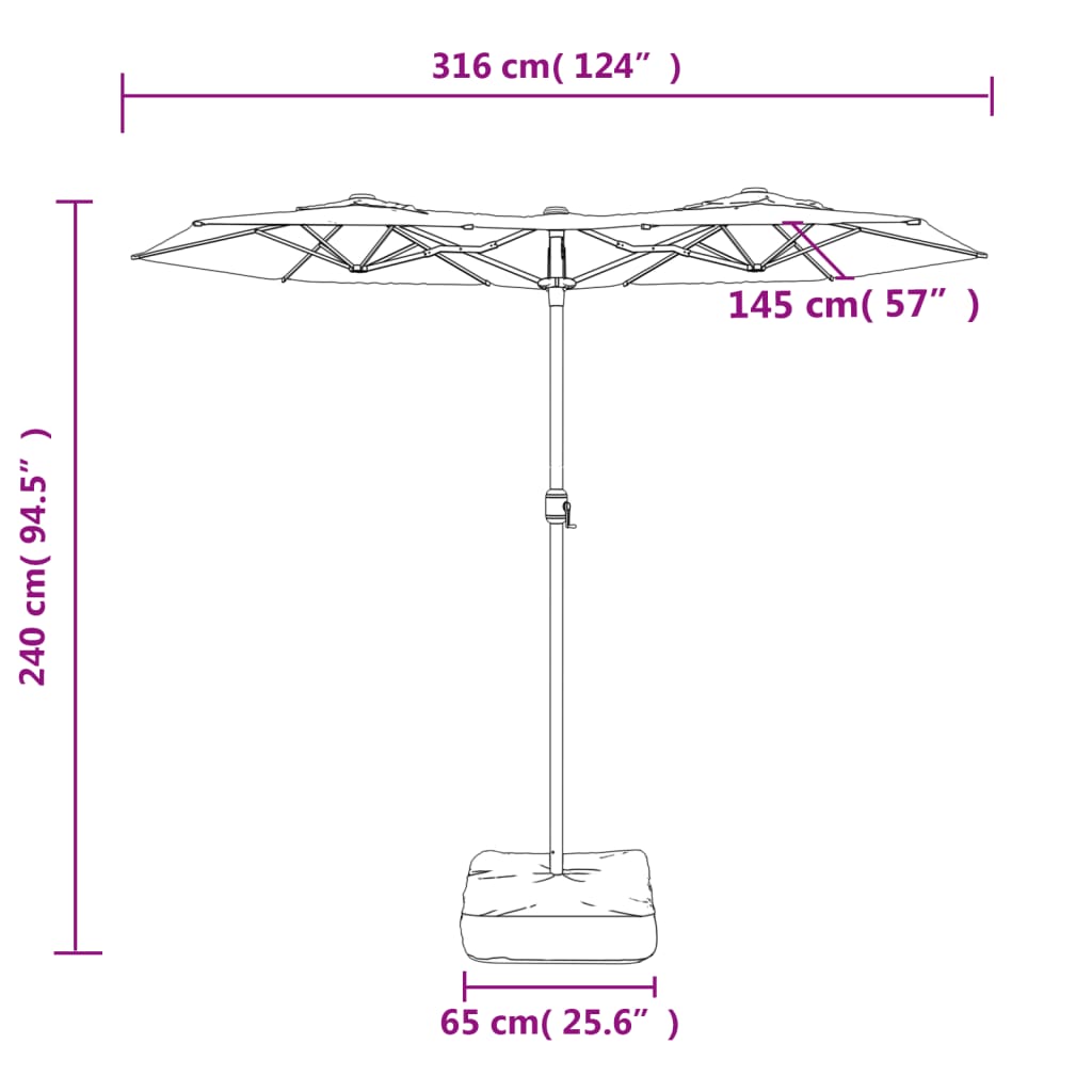 Guarda-sol de jardim c/ cabeça dupla/luzes LED 316x145 cm preto
