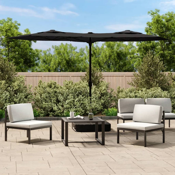 Guarda-sol de jardim c/ cabeça dupla/luzes LED 316x145 cm preto