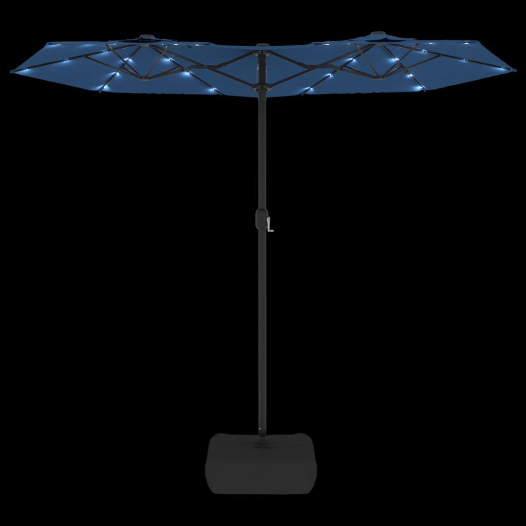 Guarda-sol de jardim c/ cabeça dupla/LED 316x145 cm azul-ciano