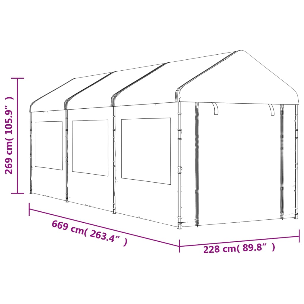 Gazebo com telhado 6,69x2,28x2,69 m polietileno branco