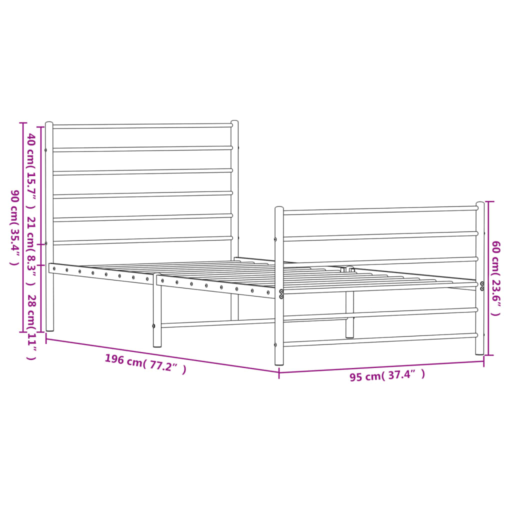 Estrutura de cama com cabeceira e pés 90x190 cm metal preto