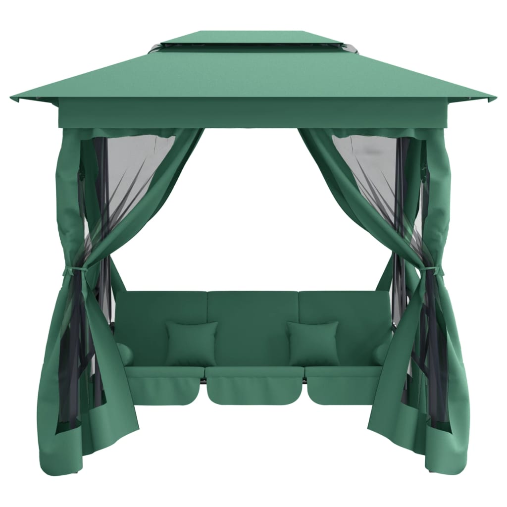 Gazebo de jardim c/ banco baloiço conversível tecido/aço verde