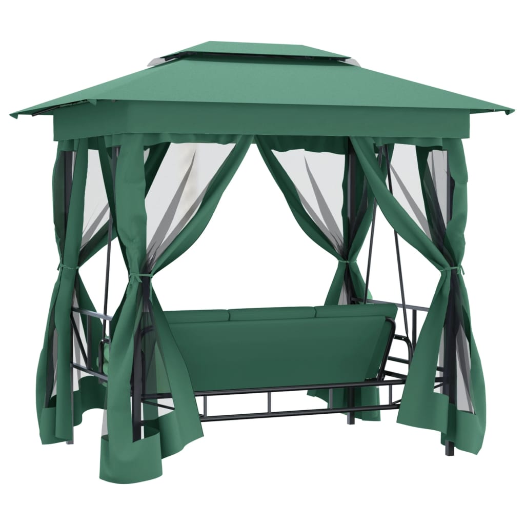 Gazebo de jardim c/ banco baloiço conversível tecido/aço verde