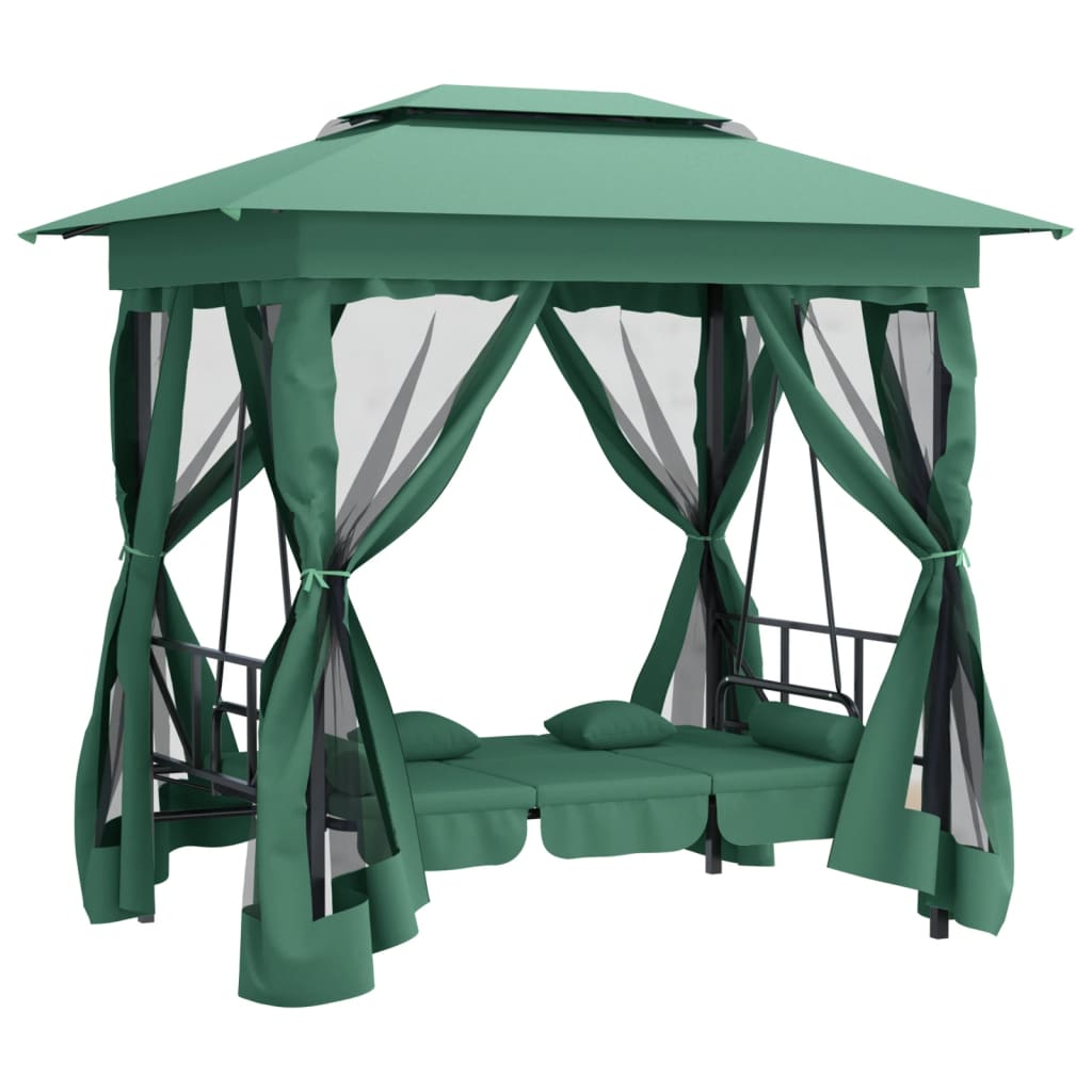 Gazebo de jardim c/ banco baloiço conversível tecido/aço verde