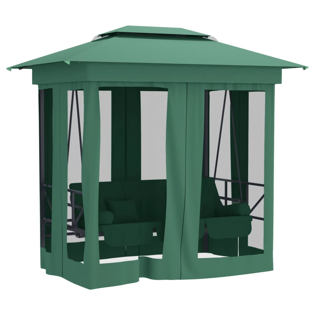Gazebo de jardim c/ banco baloiço conversível tecido/aço verde