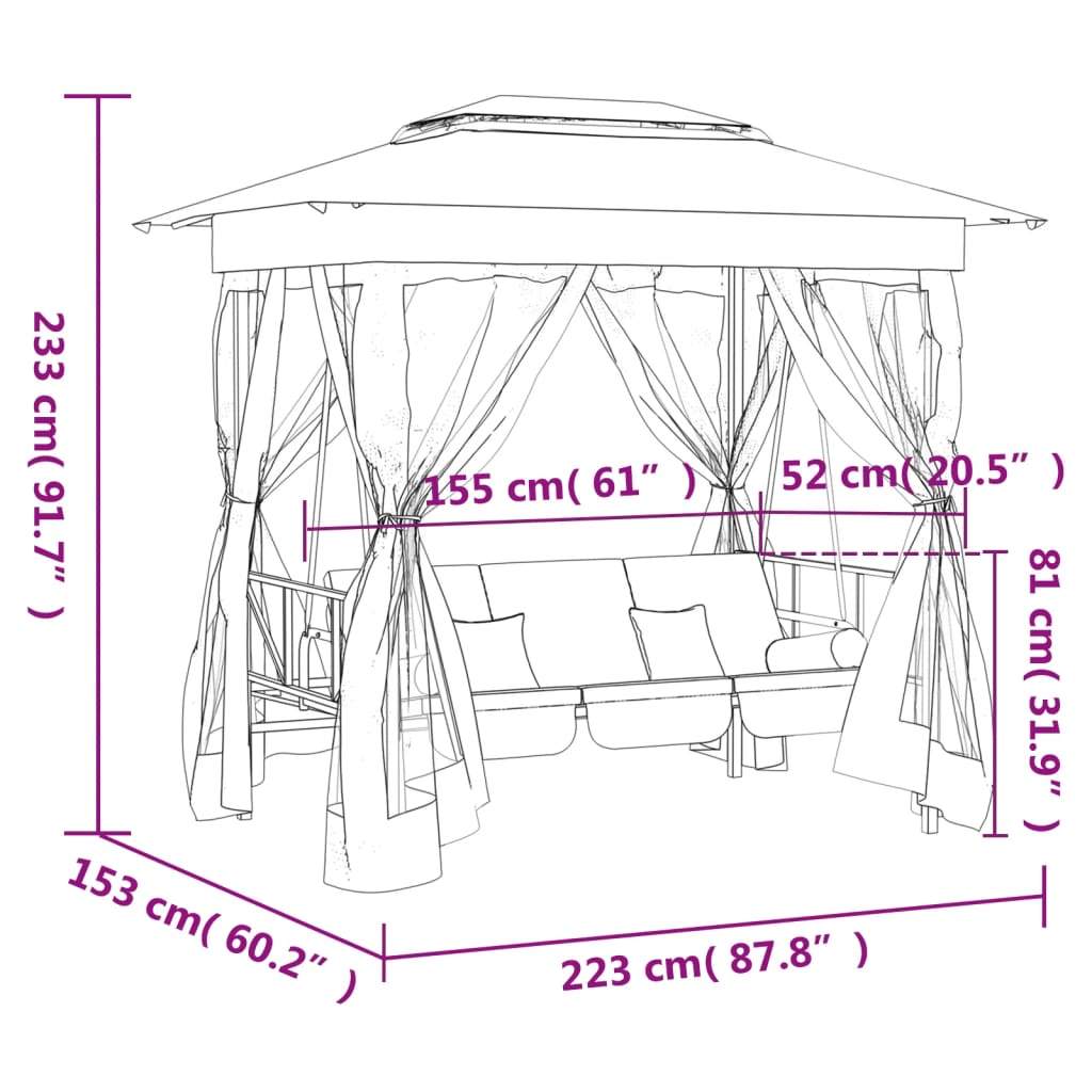 Gazebo de jardim c/ banco baloiço conversível tecido/aço verde