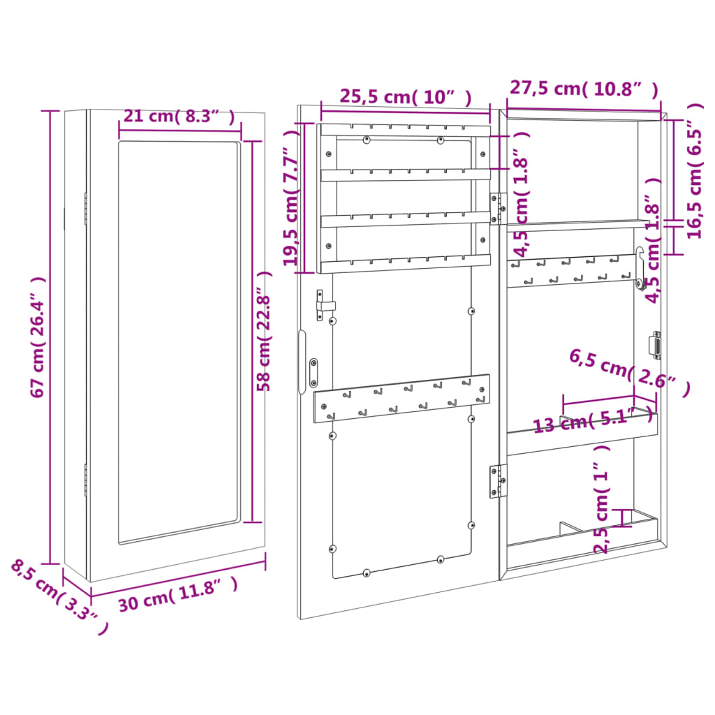 Móvel para joias de parede espelhado 30x8,5x67 cm preto