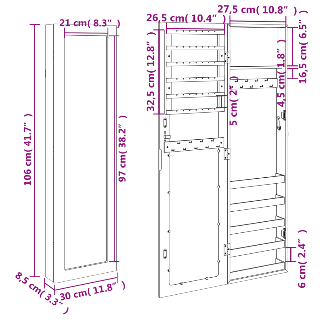 Móvel para joias de parede espelhado 30x8,5x106 cm branco