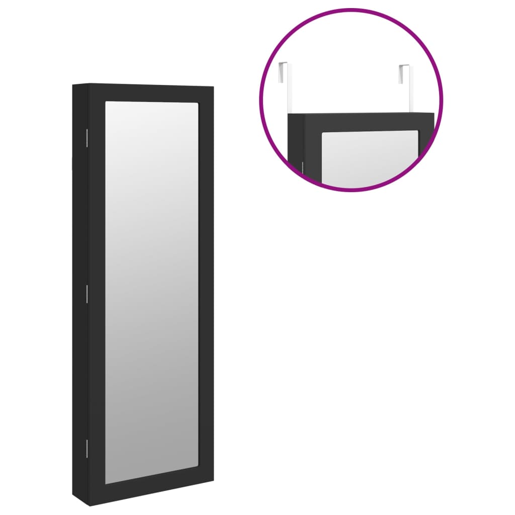 Móvel para joias de parede espelhado com luzes LED preto