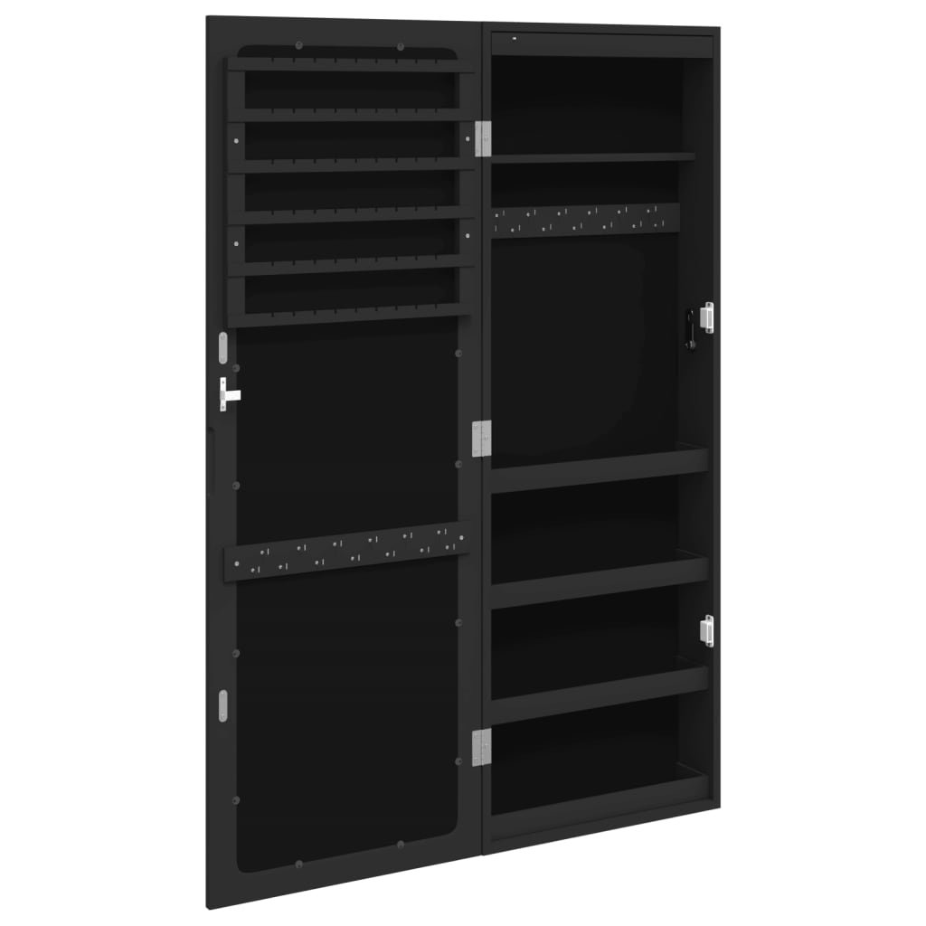 Móvel para joias de parede espelhado com luzes LED preto