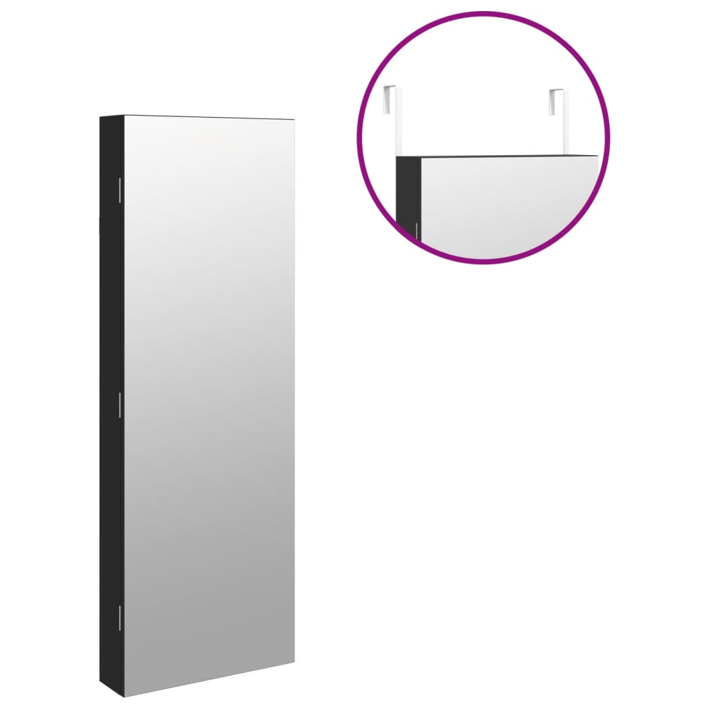 Móvel para joias de parede espelhado com luzes LED preto