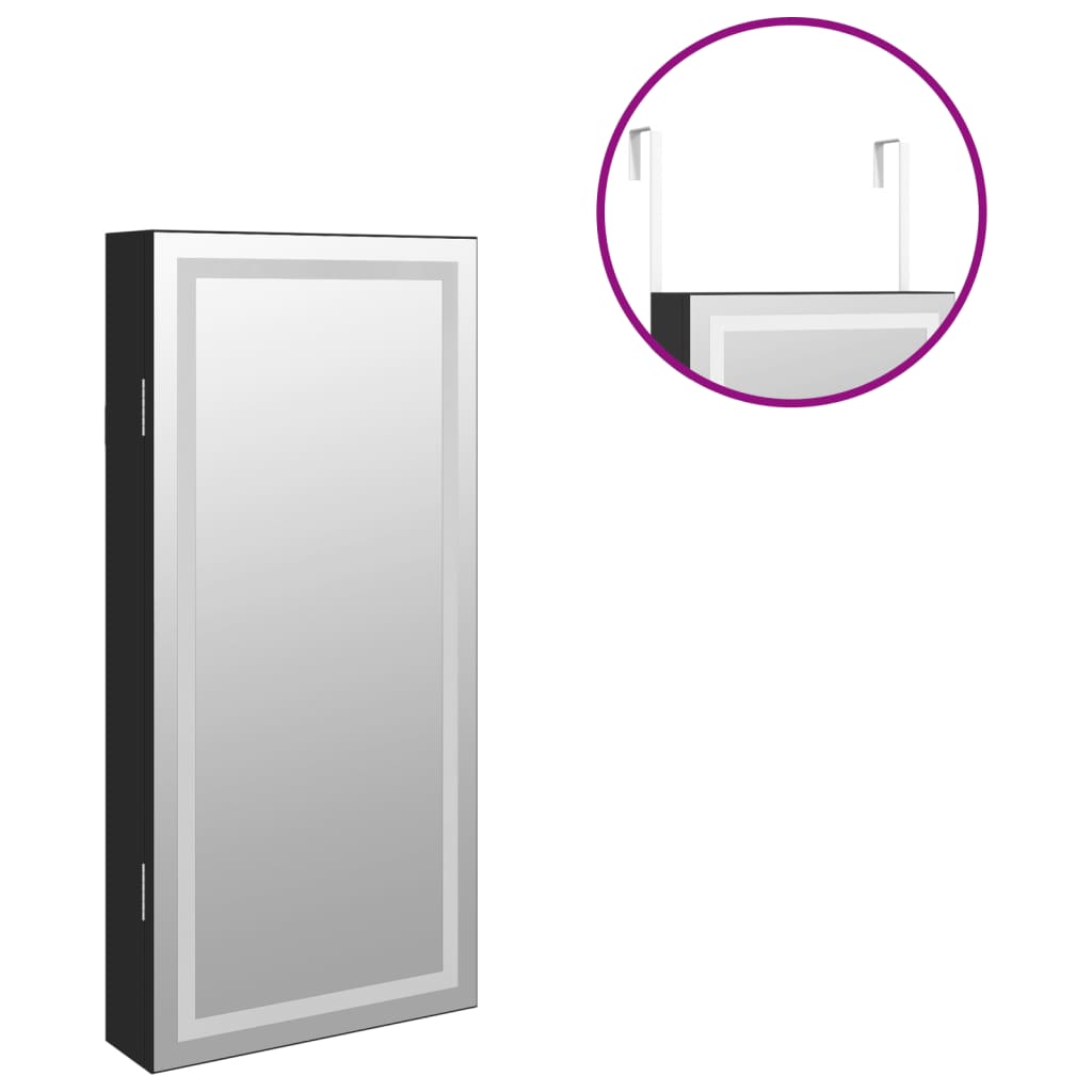 Móvel para joias de parede espelhado com luzes LED preto