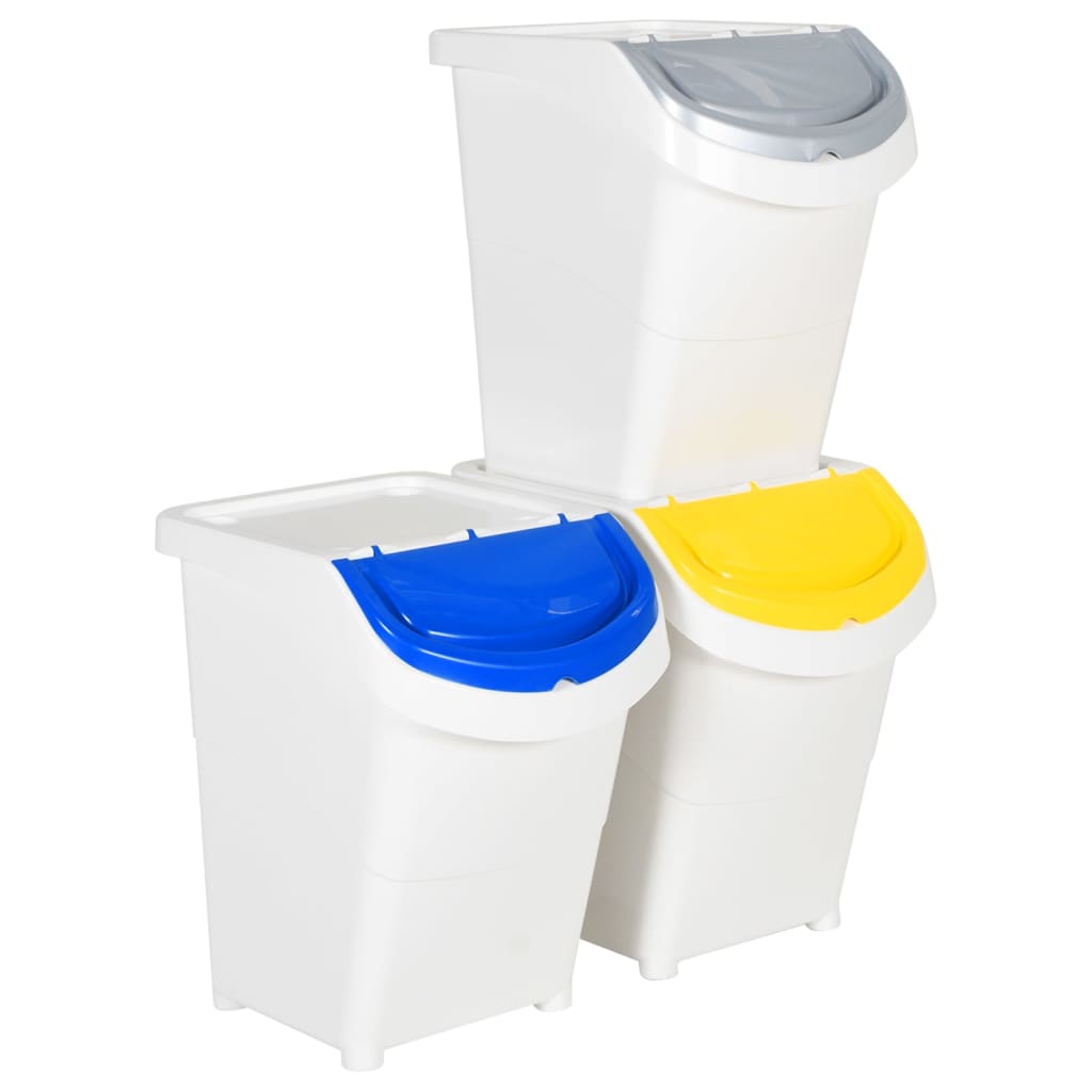 Caixotes do lixo com tampa empilháveis 3 pcs 120 L PP branco
