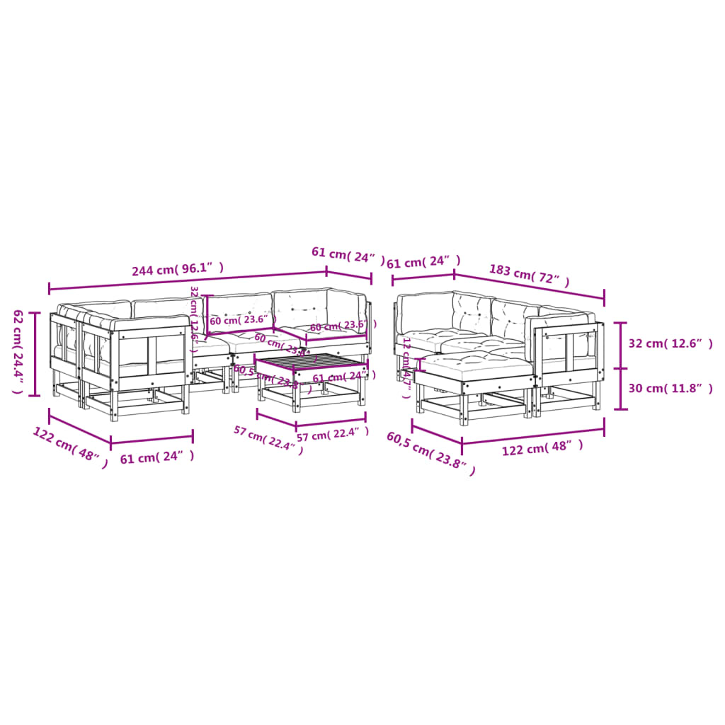10 pcs conj. lounge jardim c/ almofadões madeira douglas maciça