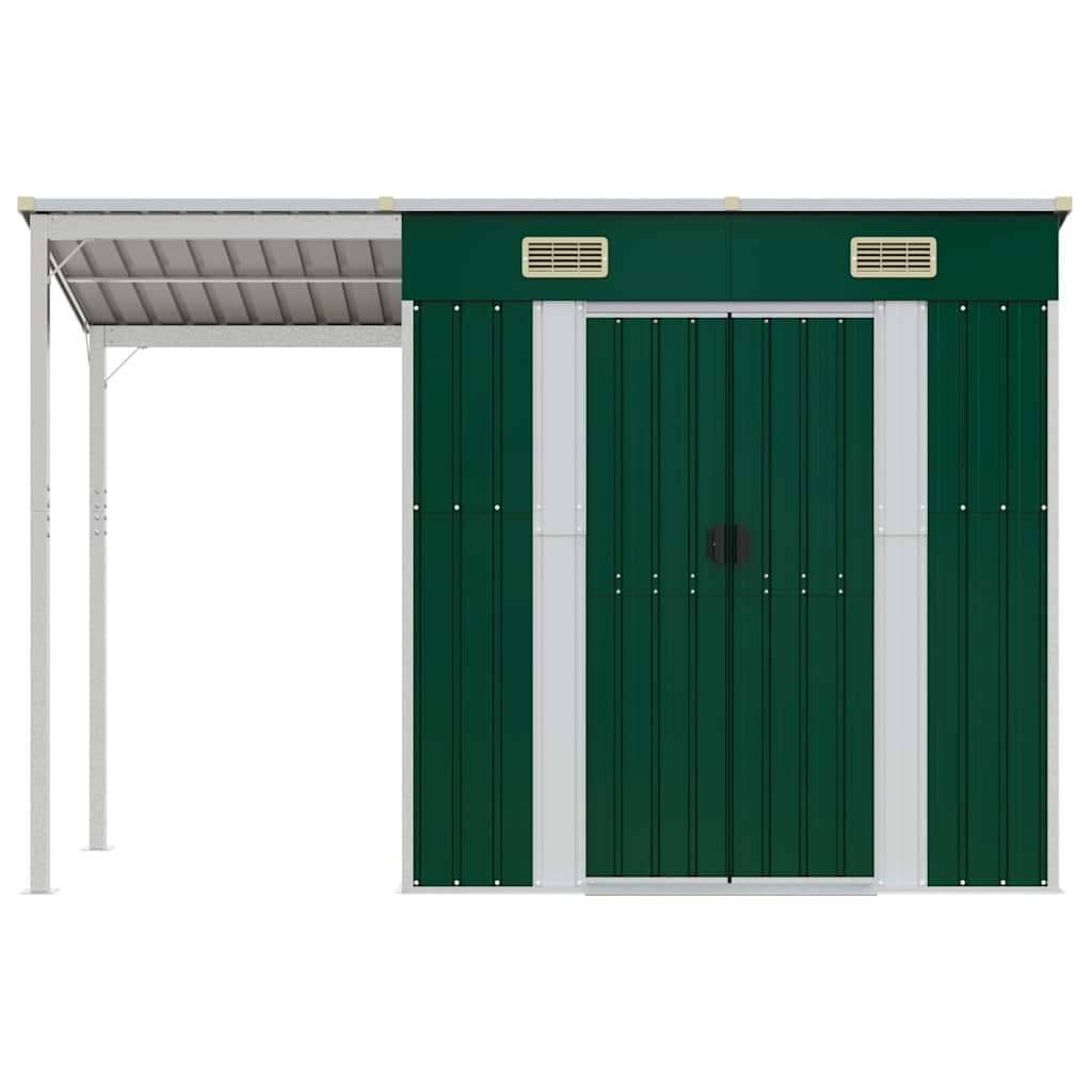 Abrigo de jardim com alpendre 277x107x181 cm aço verde