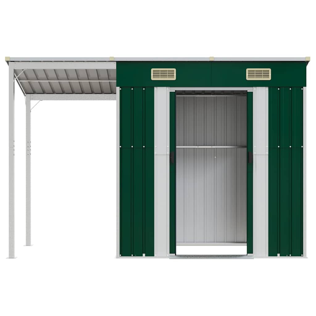 Abrigo de jardim com alpendre 277x107x181 cm aço verde