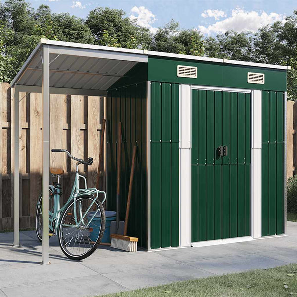 Abrigo de jardim com alpendre 277x107x181 cm aço verde