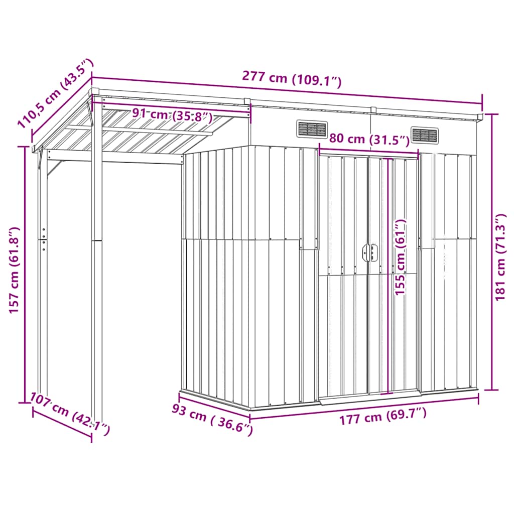 Abrigo de jardim com alpendre 277x107x181 cm aço cinza-claro