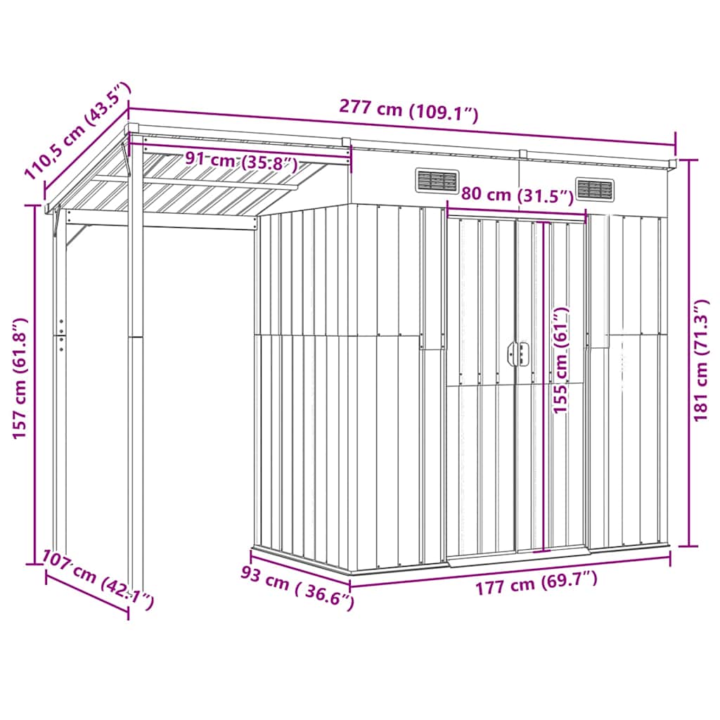Abrigo de jardim c/ alpendre 277x107x181cm aço castanho-claro