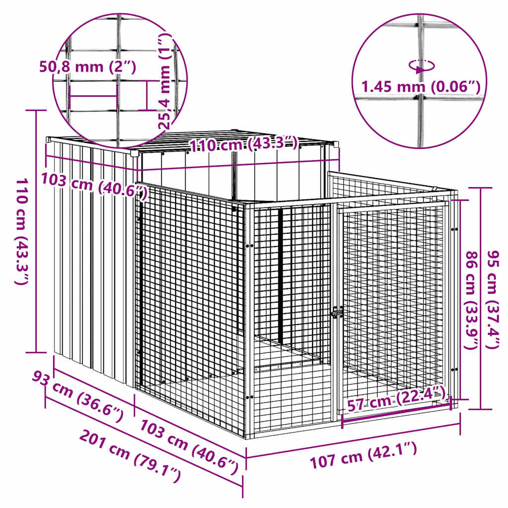 Casota para cães com parque aço galvanizado cinzento-claro