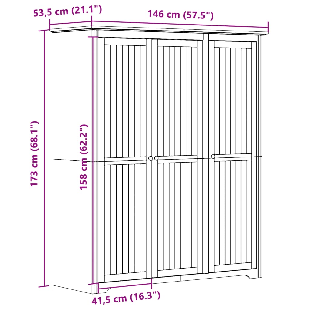 Roupeiro BODO 146x53,5x173 cm madeira de pinho maciça branco