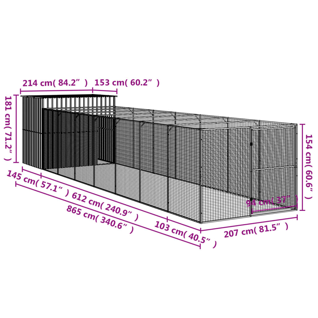 Casota p/ cães c/ parque 214x865x181 cm aço galvaniz. antracite