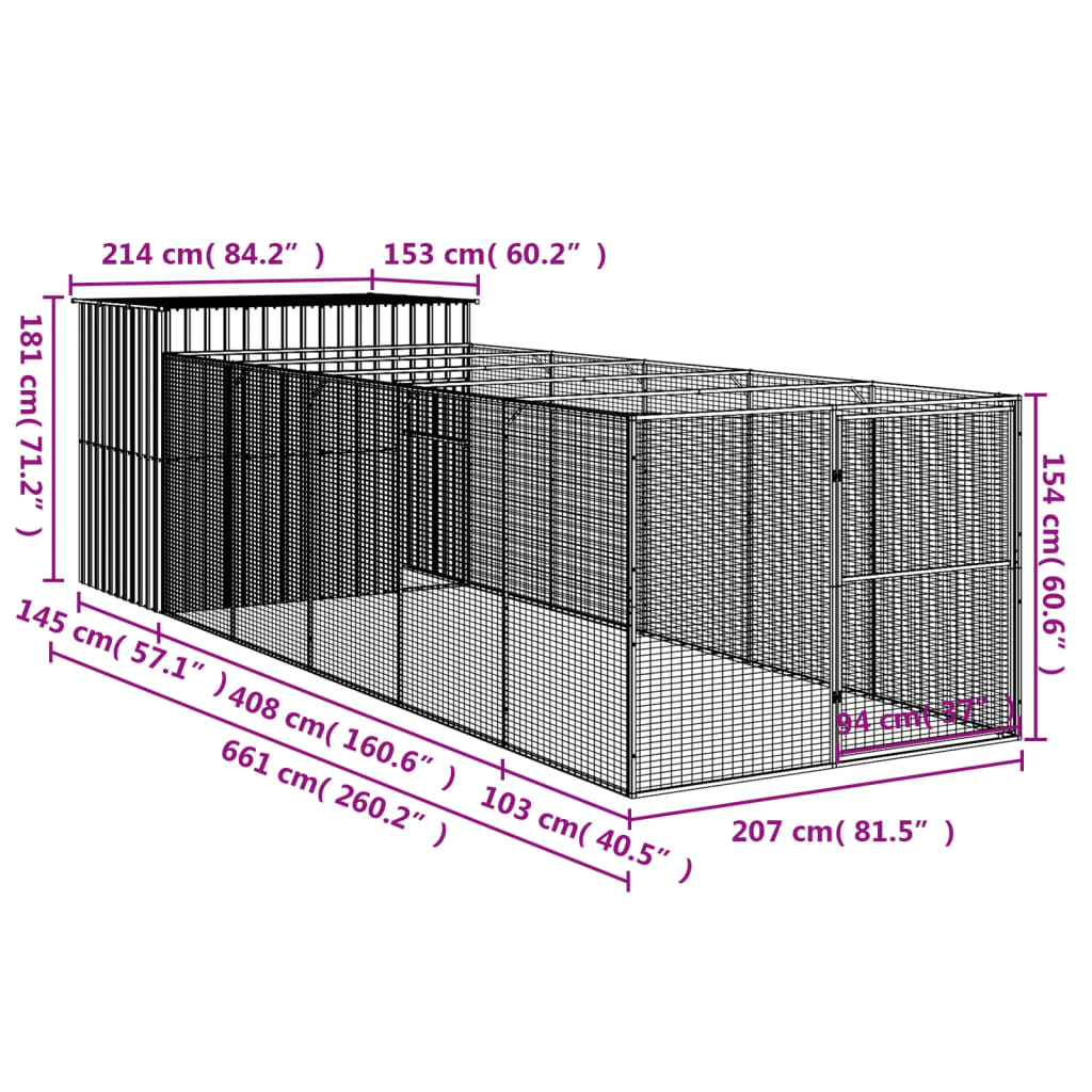 Casota cães c/ parque 214x661x181 cm aço galvaniz. cinza-claro